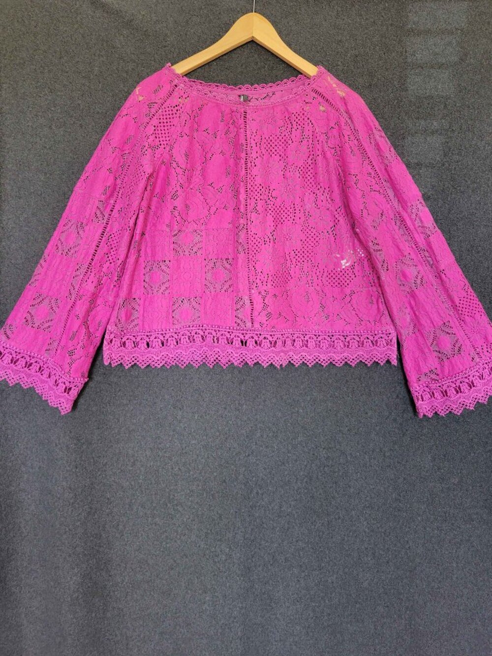Anthropologie Fuchsia Lace Patches Blouse Bell Sleeves Whimsical Romantic Chic M